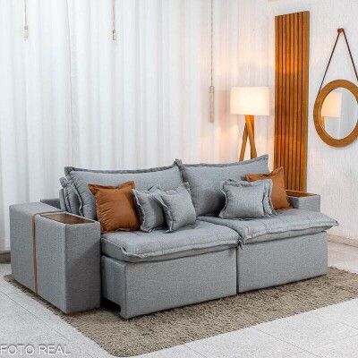 Sof� Retr�til Reclin�vel Emily 2.30m Linho Cinza Claro - Sem Caixa