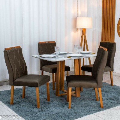 Mesa de Jantar Pedro 120x80 Vidro Off Base Madeira + 4 Cadeiras Lisboa Veludo Marrom 509 Art Assento - Entregue Montada