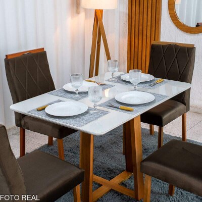 Mesa de Jantar Pedro 120x80 Vidro Off Base Madeira + 4 Cadeiras Lisboa Veludo Marrom 509 Art Assento - Entregue Montada