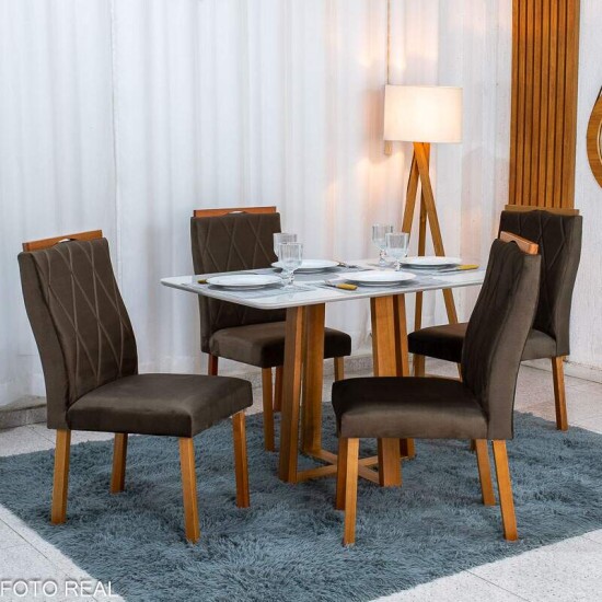 Mesa de Jantar Pedro 120x80 Vidro Off Base Madeira + 4 Cadeiras Lisboa Veludo Marrom 509 Art Assento - Entregue Montada