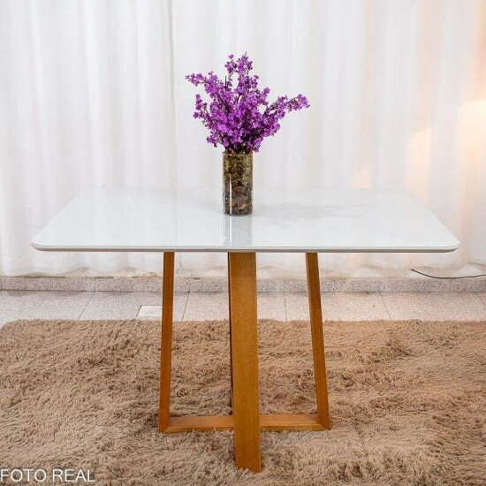 Mesa de Jantar Pedro 120x80 Vidro Off Base Madeira + 4 Cadeiras Lisboa Veludo Marrom 509 Art Assento - Entregue Montada