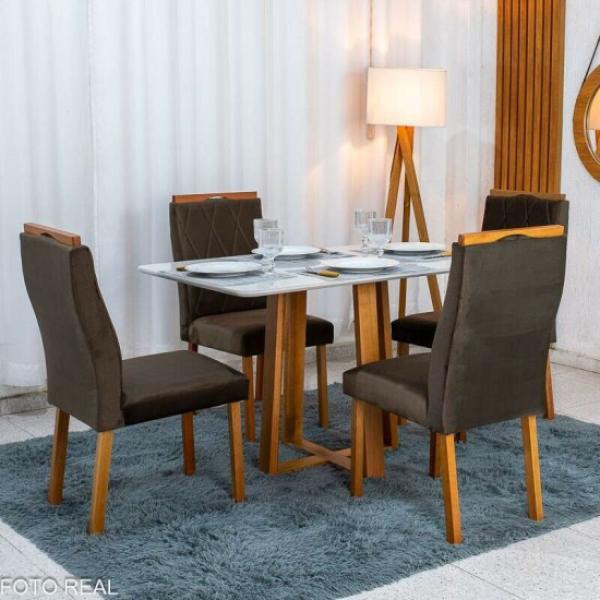 Mesa de Jantar Pedro 120x80 Vidro Off Base Madeira + 4 Cadeiras Lisboa Veludo Marrom 509 Art Assento - Entregue Montada