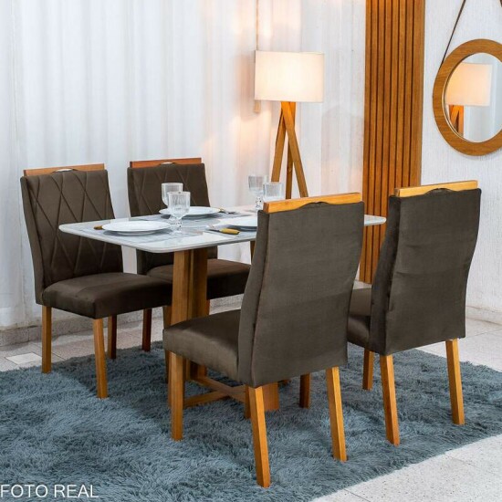Mesa de Jantar Pedro 120x80 Vidro Off Base Madeira + 4 Cadeiras Lisboa Veludo Marrom 509 Art Assento - Entregue Montada