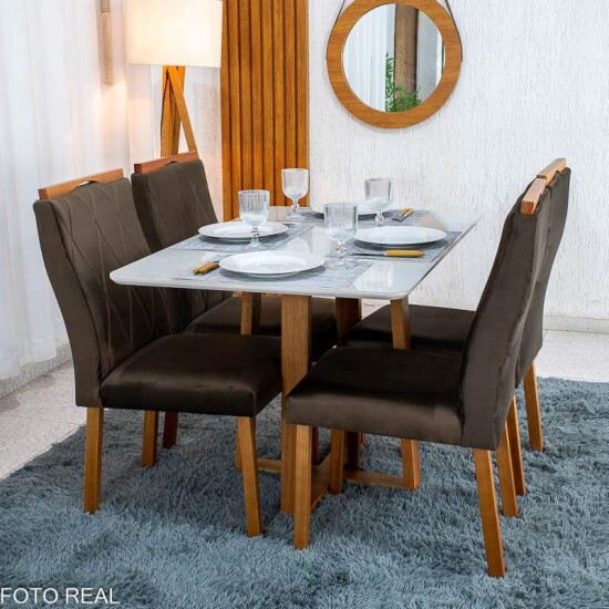 Mesa de Jantar Pedro 120x80 Vidro Off Base Madeira + 4 Cadeiras Lisboa Veludo Marrom 509 Art Assento - Entregue Montada