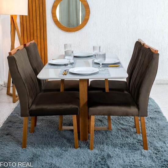 Mesa de Jantar Pedro 120x80 Vidro Off Base Madeira + 4 Cadeiras Lisboa Veludo Marrom 509 Art Assento - Entregue Montada