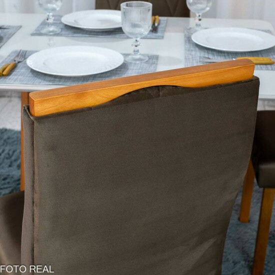 Mesa de Jantar Pedro 120x80 Vidro Off Base Madeira + 4 Cadeiras Lisboa Veludo Marrom 509 Art Assento - Entregue Montada