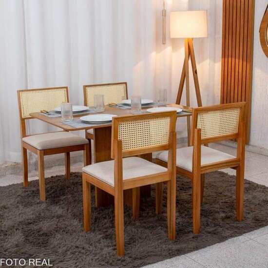 Mesa de Jantar Salina 120x80 Tampo Londres Cinamomo Cel M�veis + 4 Cadeiras Santorini Linho Bege Minas Plac