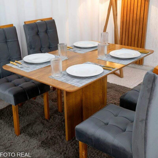 Mesa de Jantar Salina 120x80 Tampo Londres Cinamomo Cel M�veis + 4 Cadeiras Londres Veludo Chumbo Minas Plac - Entregue Montada