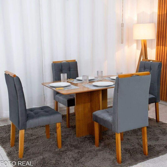Mesa de Jantar Salina 120x80 Tampo Londres Cinamomo Cel M�veis + 4 Cadeiras Londres Veludo Chumbo Minas Plac - Entregue Montada