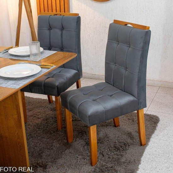 Mesa de Jantar Salina 120x80 Tampo Londres Cinamomo Cel M�veis + 4 Cadeiras Londres Veludo Chumbo Minas Plac - Entregue Montada