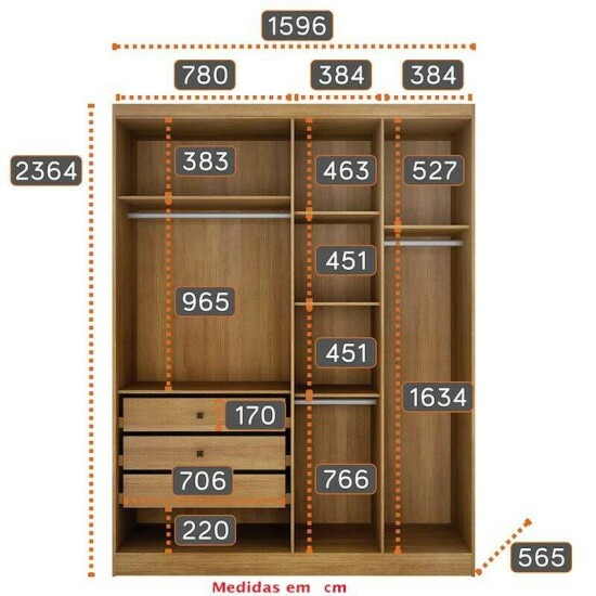 Modulado Guarda-roupa Rizon Cumaru Larg. 1.59m 4 Portas Reflecta C/ LED 3 Gavetas - Novo Horizonte
