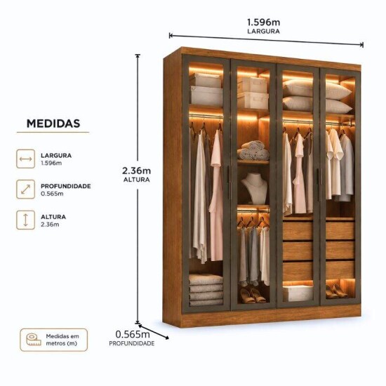 Modulado Guarda-roupa Rizon Cumaru Larg. 1.59m 4 Portas Reflecta C/ LED 3 Gavetas - Novo Horizonte