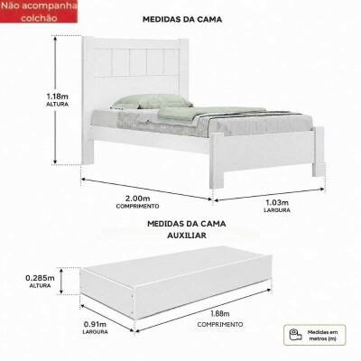 Cama Solteiro Prim�cia Branco D Doro + Cama Auxiliar Solteiro Barcelona Branco Tebarrot