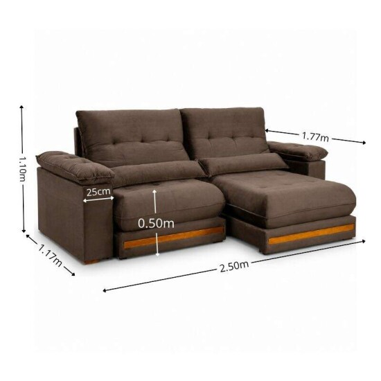 Sof� Retr�til Reclin�vel Gran Master 2.50m Veludo Marrom - D33 e Molas Ensacadas