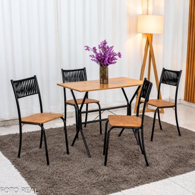 Mesa de Cozinha Atenas 90x58 Tampo Madeirado Base Nexus Preto + 4 Cadeiras Assento Corino Marrom - Tubo Minas