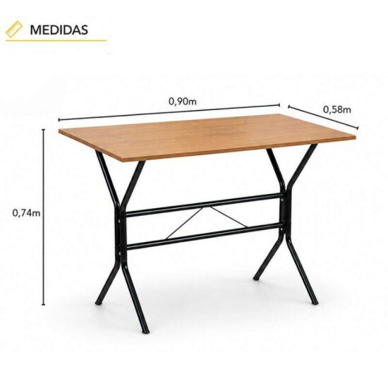 Mesa de Cozinha Atenas 90x58 Tampo Madeirado Base Nexus Preto + 4 Cadeiras Assento Corino Marrom - Tubo Minas