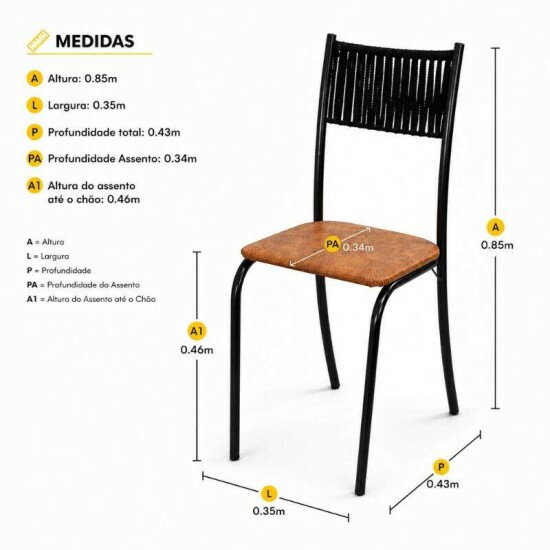 Mesa de Cozinha Atenas 90x58 Tampo Madeirado Base Nexus Preto + 4 Cadeiras Assento Corino Marrom - Tubo Minas