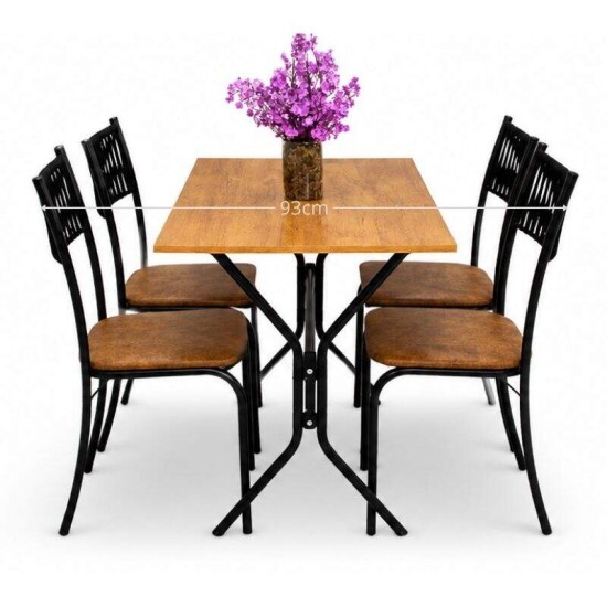 Mesa de Cozinha Atenas 90x58 Tampo Madeirado Base Nexus Preto + 4 Cadeiras Assento Corino Marrom - Tubo Minas