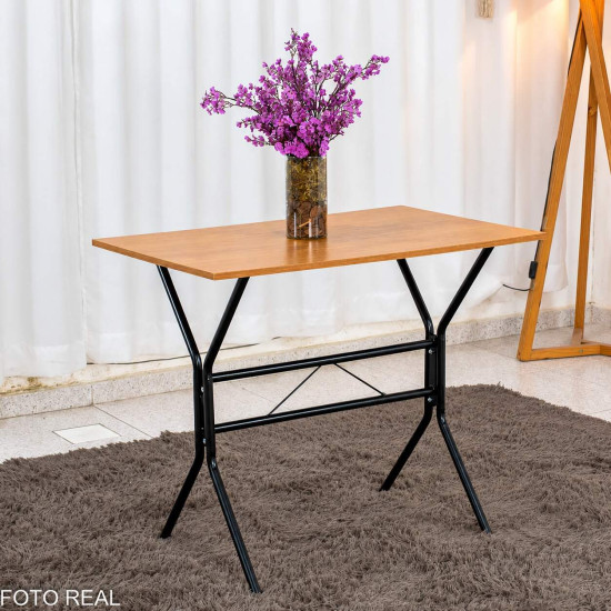 Mesa de Cozinha Atenas 90x58 Tampo Madeirado Base Nexus Preto + 4 Cadeiras Assento Corino Marrom - Tubo Minas
