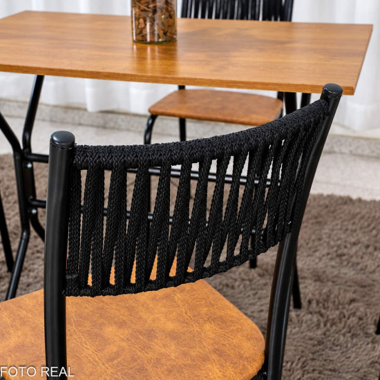 Mesa de Cozinha Atenas 90x58 Tampo Madeirado Base Nexus Preto + 4 Cadeiras Assento Corino Marrom - Tubo Minas