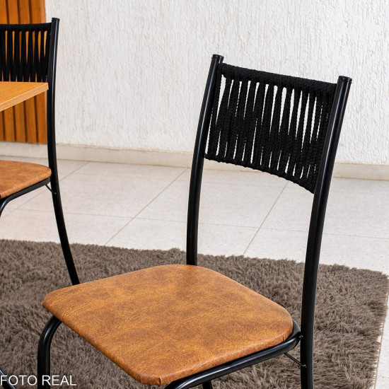 Mesa de Cozinha Atenas 90x58 Tampo Madeirado Base Nexus Preto + 4 Cadeiras Assento Corino Marrom - Tubo Minas
