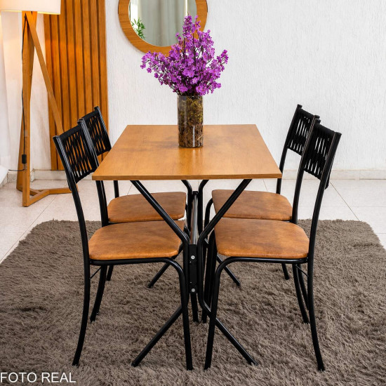 Mesa de Cozinha Atenas 90x58 Tampo Madeirado Base Nexus Preto + 4 Cadeiras Assento Corino Marrom - Tubo Minas