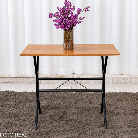 Mesa de Cozinha Atenas 90x58 Tampo Madeirado Base Nexus Preto + 4 Cadeiras Assento Corino Marrom - Tubo Minas