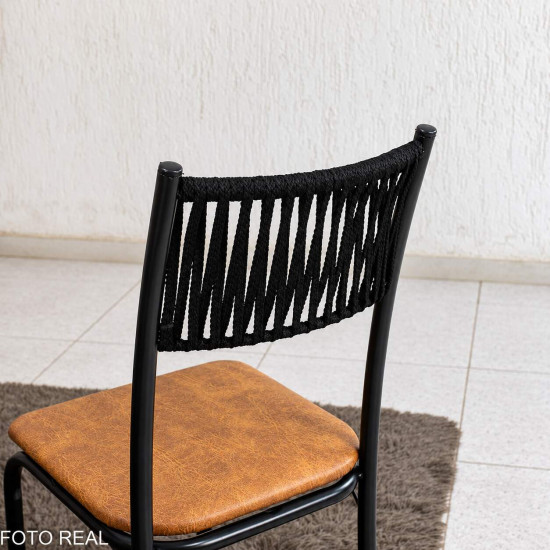 Mesa de Cozinha Atenas 90x58 Tampo Madeirado Base Nexus Preto + 4 Cadeiras Assento Corino Marrom - Tubo Minas