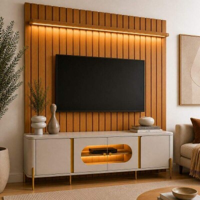 Painel 1,80m Ripado Plus Modular Nature JB Bechara + Prateleira 1.80m Luci com LED Nature JB Bechara + Rack Bancada 1,80m Juquehy Off/Nature com LED para TV at� 75
