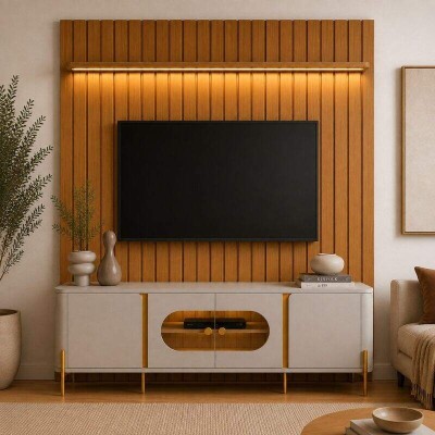 Painel 1,80m Ripado Plus Modular Nature JB Bechara + Prateleira 1.80m Luci com LED Nature JB Bechara + Rack Bancada 1,80m Juquehy Off/Nature com LED para TV at� 75