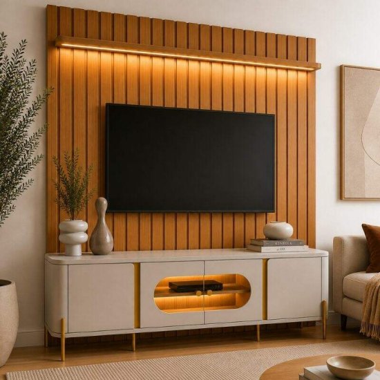 Painel 1,80m Ripado Plus Modular Nature JB Bechara + Prateleira 1.80m Luci com LED Nature JB Bechara + Rack Bancada 1,80m Juquehy Off/Nature com LED para TV at� 75\\\" - Bechara