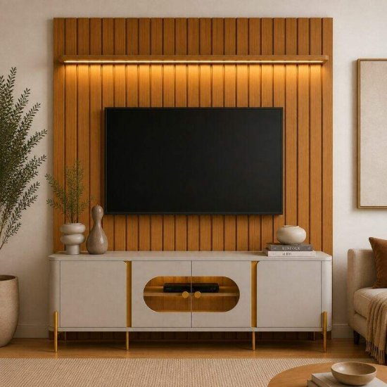 Painel 1,80m Ripado Plus Modular Nature JB Bechara + Prateleira 1.80m Luci com LED Nature JB Bechara + Rack Bancada 1,80m Juquehy Off/Nature com LED para TV at� 75\\\" - Bechara