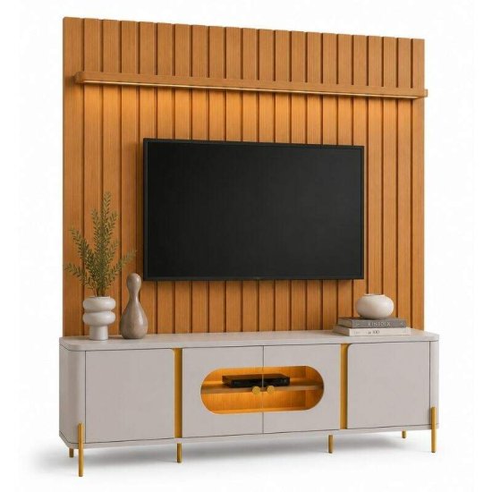 Painel 1,80m Ripado Plus Modular Nature JB Bechara + Prateleira 1.80m Luci com LED Nature JB Bechara + Rack Bancada 1,80m Juquehy Off/Nature com LED para TV at� 75\\\" - Bechara