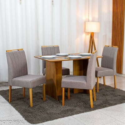 Mesa de Jantar Londres Tampo 120x80 Londres Cinamomo Cel M�veis + 4 Cadeiras Gabi Linho Marrom Estrutura Madeira Bom Lar - Entregue Montada