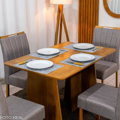 Mesa de Jantar Londres Tampo 120x80 Londres Cinamomo Cel M�veis + 4 Cadeiras Gabi Linho Marrom Estrutura Madeira Bom Lar - Entregue Montada