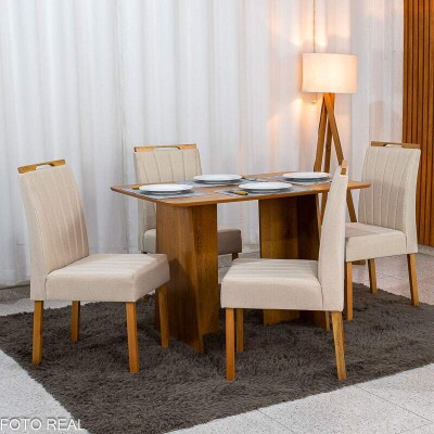 Mesa de Jantar Londres Tampo 120x80 Londres Cinamomo Cel M�veis + 4 Cadeiras Gabi Linho Bege Estrutura Madeira Bom Lar - Entregue Montada