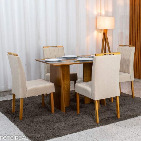 Mesa de Jantar Londres Tampo 120x80 Londres Cinamomo Cel M�veis + 4 Cadeiras Gabi Linho Bege Estrutura Madeira Bom Lar - Entregue Montada