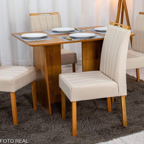Mesa de Jantar Londres Tampo 120x80 Londres Cinamomo Cel M�veis + 4 Cadeiras Gabi Linho Bege Estrutura Madeira Bom Lar - Entregue Montada