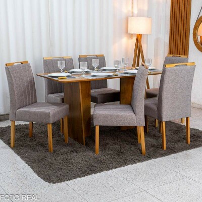 Mesa de Jantar Londres Tampo 160x80 Londres Cinamomo Cel M�veis + 6 Cadeiras Gabi Linho Marrom Estrutura Madeira Bom Lar - Entregue Montada