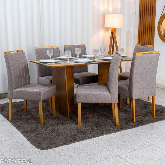 Mesa de Jantar Londres Tampo 160x80 Londres Cinamomo Cel M�veis + 6 Cadeiras Gabi Linho Marrom Estrutura Madeira Bom Lar - Entregue Montada