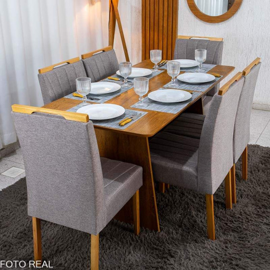 Mesa de Jantar Londres Tampo 160x80 Londres Cinamomo Cel M�veis + 6 Cadeiras Gabi Linho Marrom Estrutura Madeira Bom Lar - Entregue Montada
