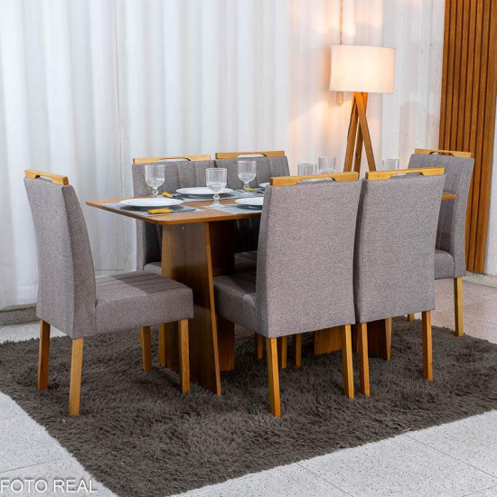 Mesa de Jantar Londres Tampo 160x80 Londres Cinamomo Cel M�veis + 6 Cadeiras Gabi Linho Marrom Estrutura Madeira Bom Lar - Entregue Montada