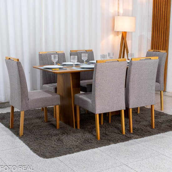 Mesa de Jantar Londres Tampo 160x80 Londres Cinamomo Cel M�veis + 6 Cadeiras Gabi Linho Marrom Estrutura Madeira Bom Lar - Entregue Montada
