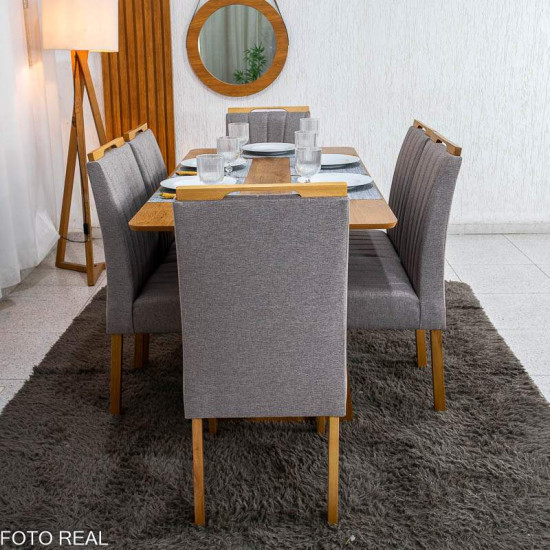 Mesa de Jantar Londres Tampo 160x80 Londres Cinamomo Cel M�veis + 6 Cadeiras Gabi Linho Marrom Estrutura Madeira Bom Lar - Entregue Montada
