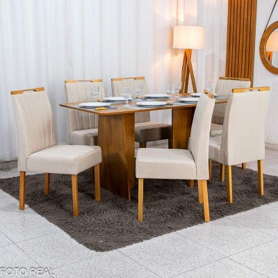Mesa de Jantar Londres Tampo 160x80 Londres Cinamomo Cel M�veis + 6 Cadeiras Gabi Linho Bege Estrutura Madeira Bom Lar - Entregue Montada
