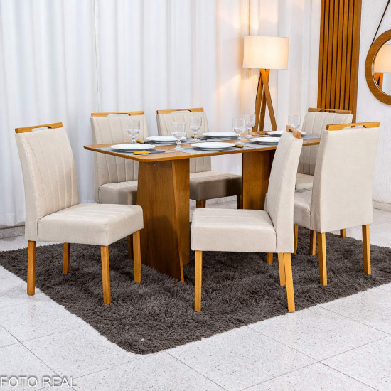 Mesa de Jantar Londres Tampo 160x80 Londres Cinamomo Cel M�veis + 6 Cadeiras Gabi Linho Bege Estrutura Madeira Bom Lar - Entregue Montada