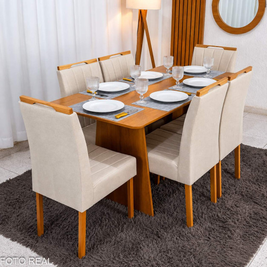 Mesa de Jantar Londres Tampo 160x80 Londres Cinamomo Cel M�veis + 6 Cadeiras Gabi Linho Bege Estrutura Madeira Bom Lar - Entregue Montada