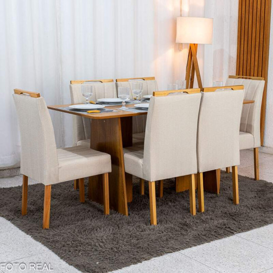 Mesa de Jantar Londres Tampo 160x80 Londres Cinamomo Cel M�veis + 6 Cadeiras Gabi Linho Bege Estrutura Madeira Bom Lar - Entregue Montada