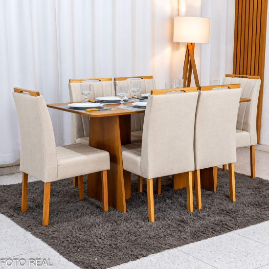 Mesa de Jantar Londres Tampo 160x80 Londres Cinamomo Cel M�veis + 6 Cadeiras Gabi Linho Bege Estrutura Madeira Bom Lar - Entregue Montada