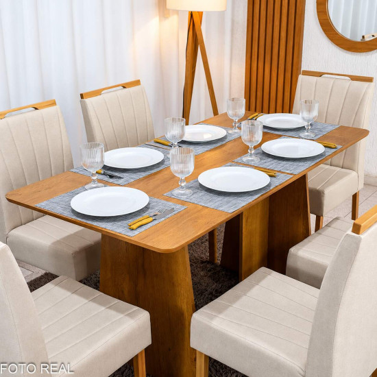Mesa de Jantar Londres Tampo 160x80 Londres Cinamomo Cel M�veis + 6 Cadeiras Gabi Linho Bege Estrutura Madeira Bom Lar - Entregue Montada